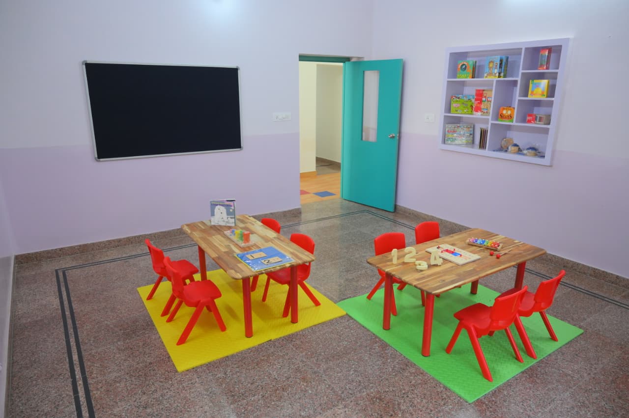 Child-safe furniture neatly arranged in an Edujoy classroom